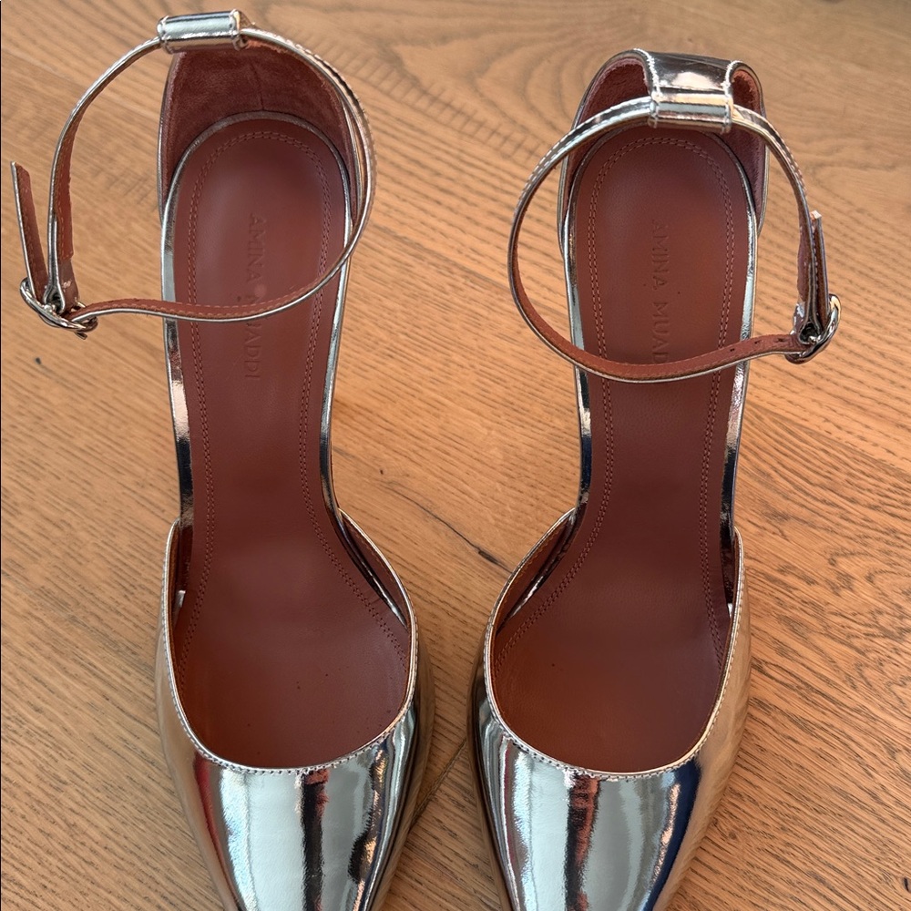 Amina Muaddi Silver Kim 105 Pump Heels 37 - Picture 2 of 4